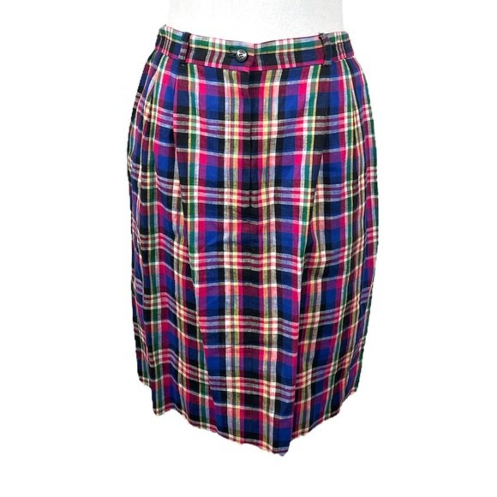 Talbots Petites Tartan Plaid Linen Skirt Blue Pink White Size 12 Petite